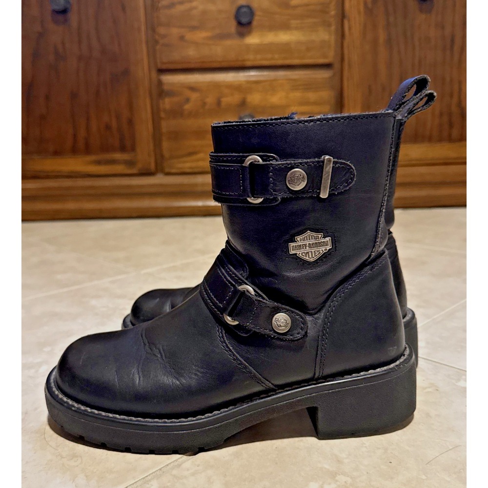 Harley-Davidson Black Leather Motorcycle Riding Biker Boots Zip Up Woman Sz 8.5 - Picture 3 of 7